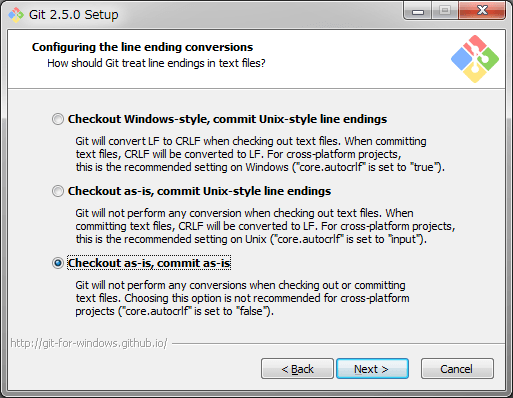 Configuring the line ending conversions（改行コードの変換設定）の画面